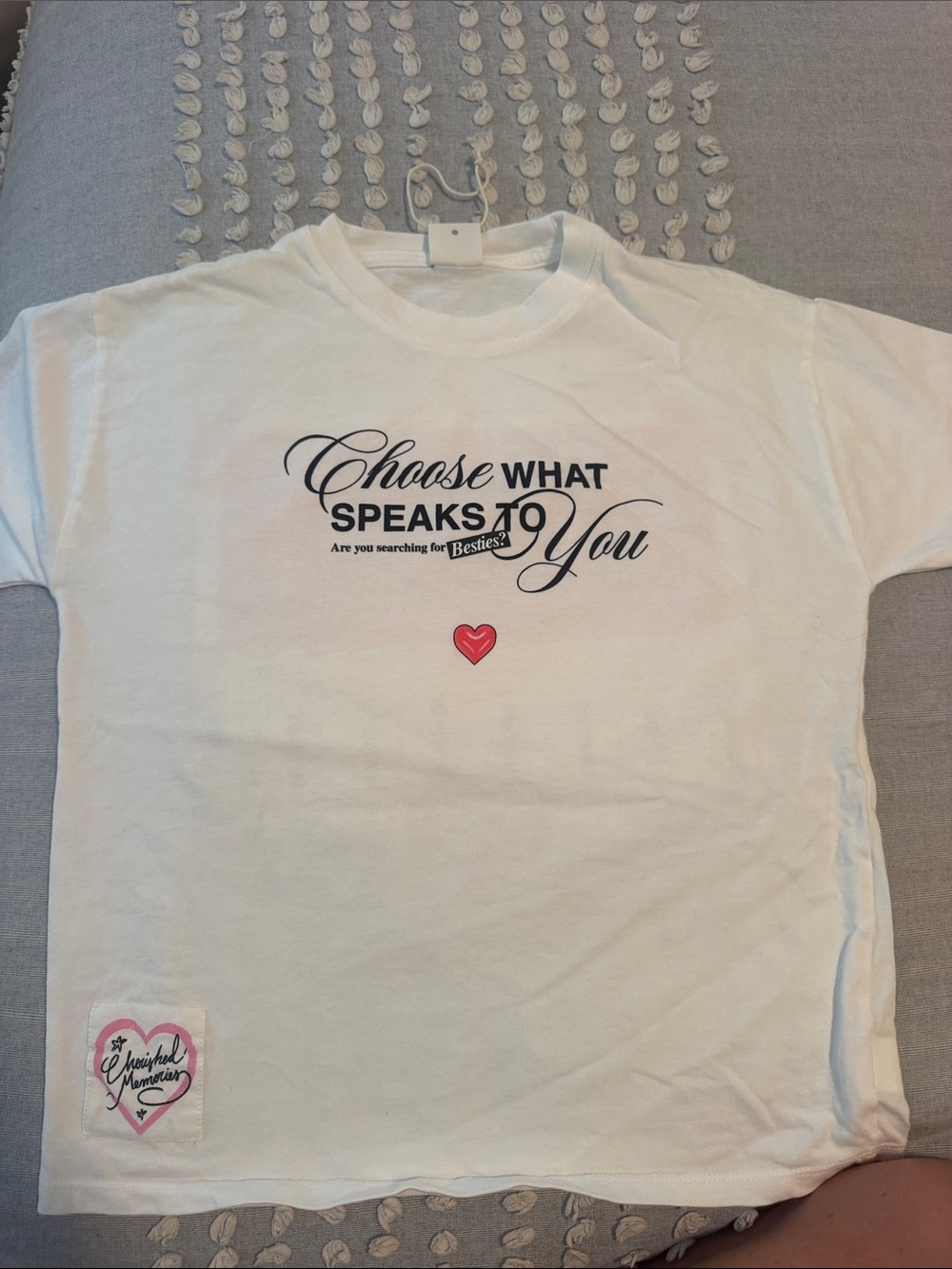 Zara White Tee with Black Script and Red Heart Graphic